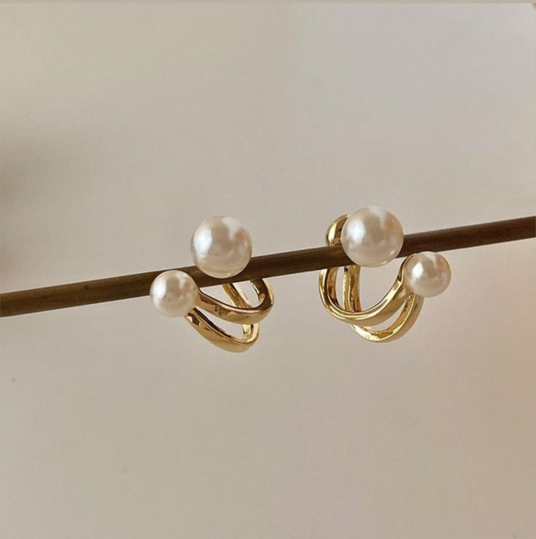 Double Band Pearl Huggie Earrings