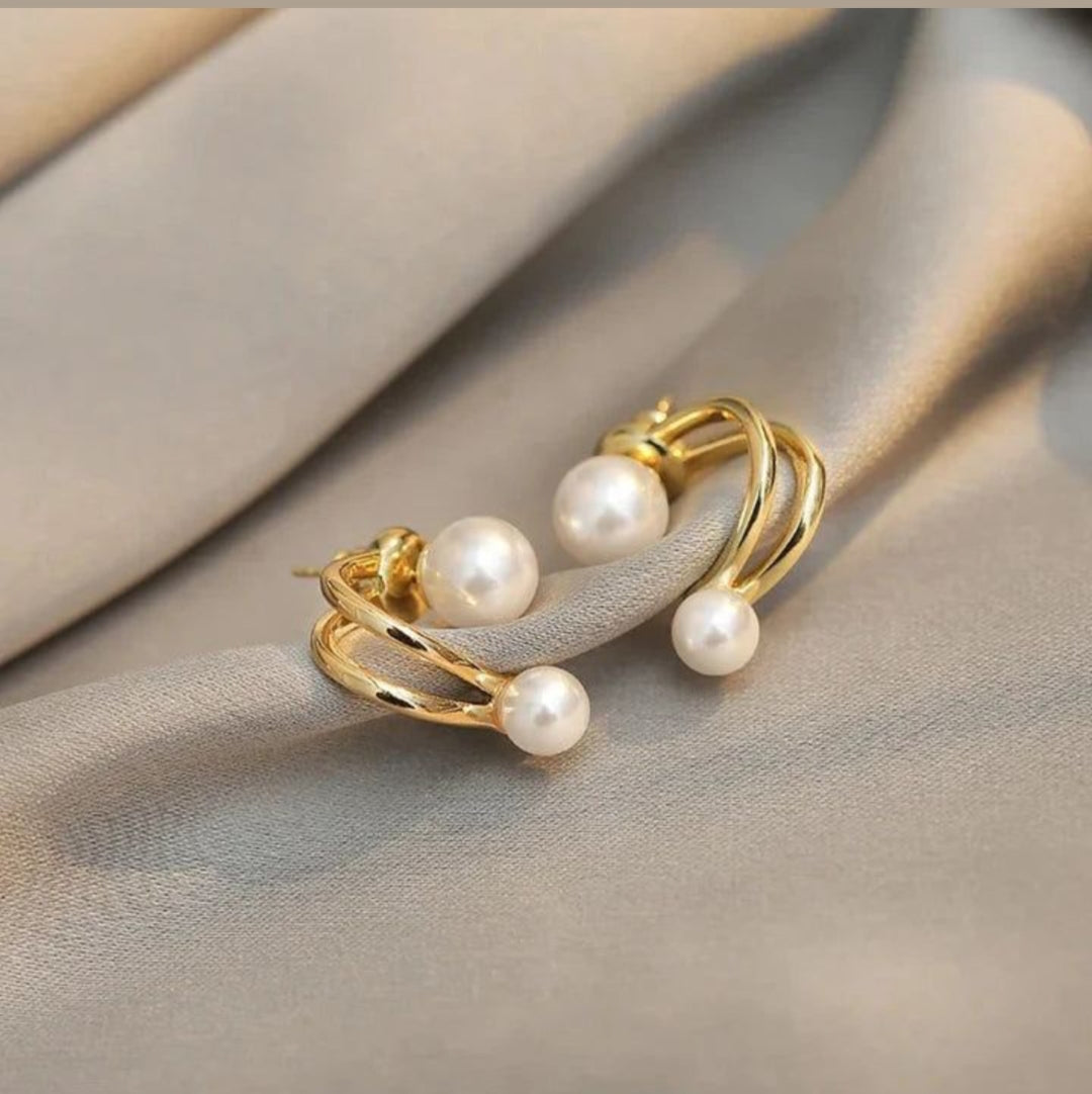 Double Band Pearl Huggie Earrings