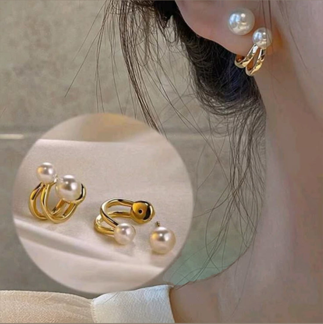Double Band Pearl Huggie Earrings