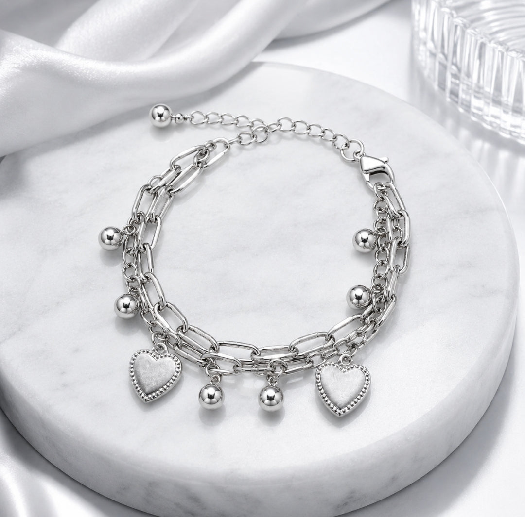 Layered Silver Link Chain Charm Bracelet with Hearts & Beads