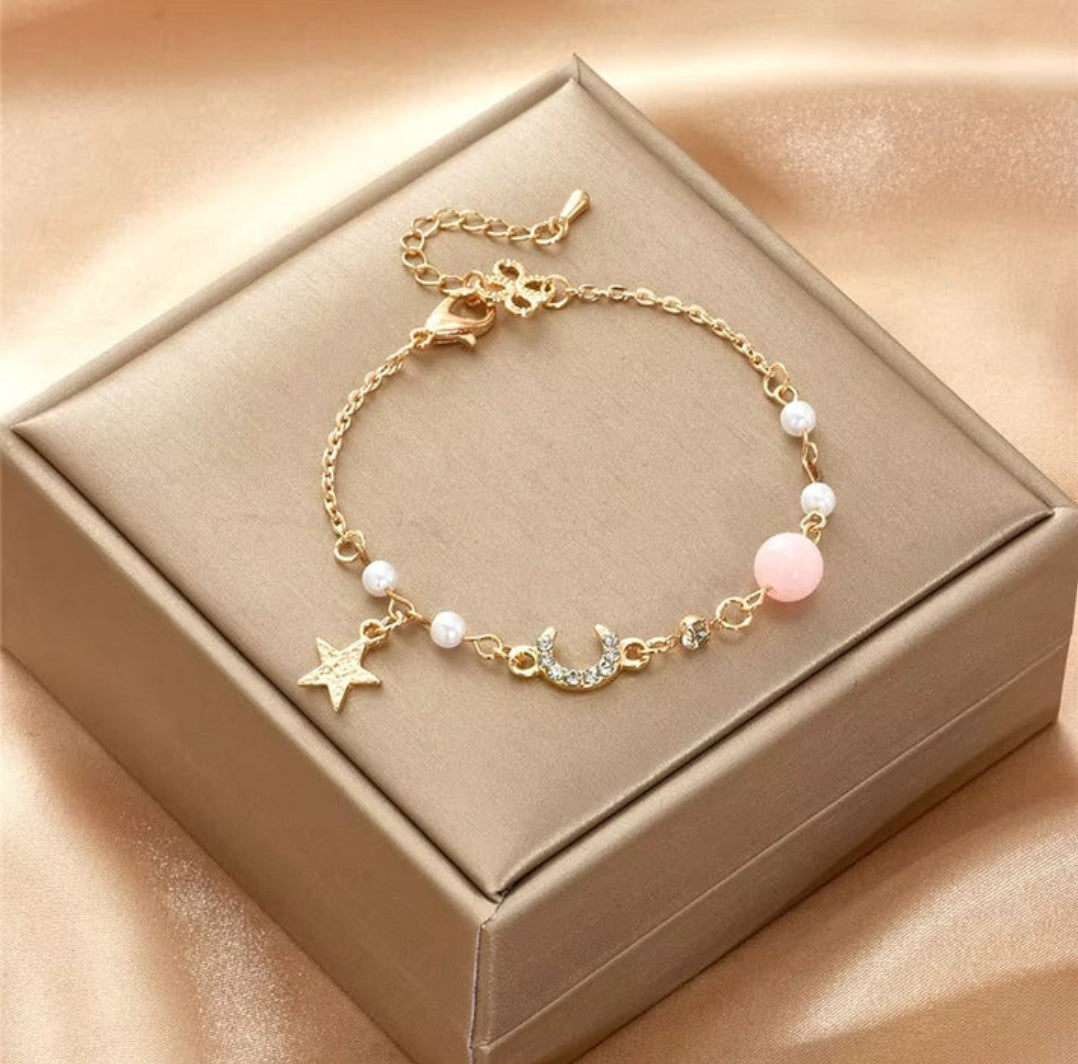 Gold Celestial Charm & Pearl Station Bracelet