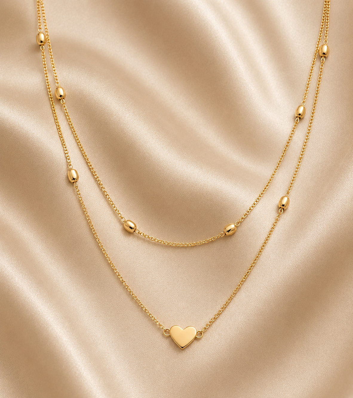 Double-Layered Bead & Heart Chain Necklace