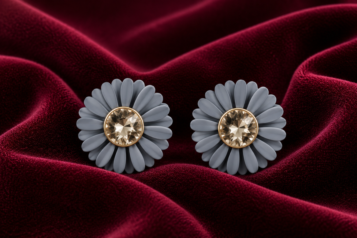Grey Petal Crystal Center Stud Earrings