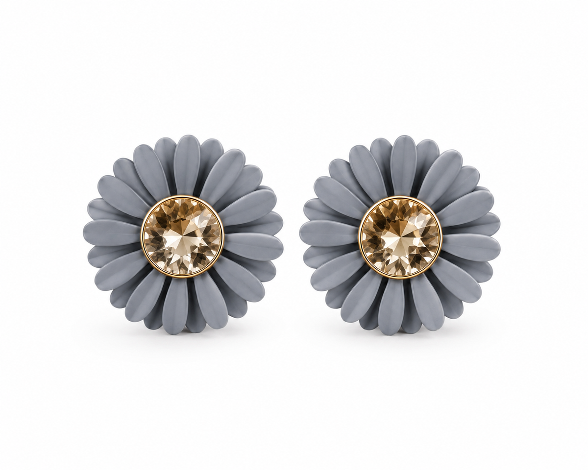 Grey Petal Crystal Center Stud Earrings