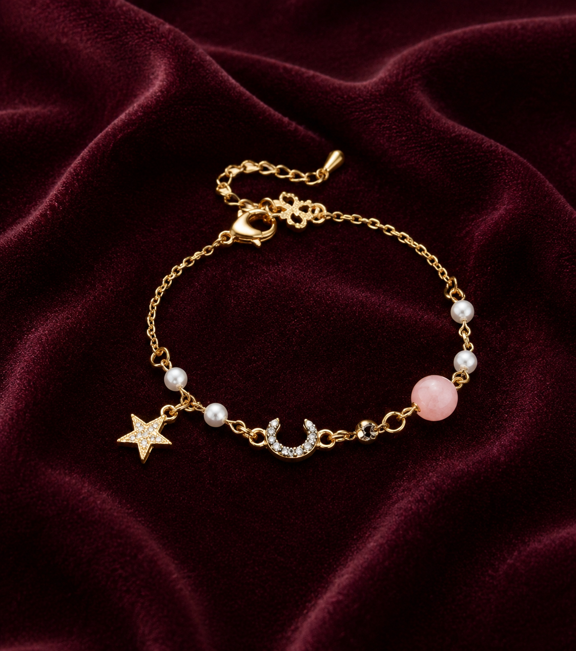 Gold Celestial Charm & Pearl Station Bracelet