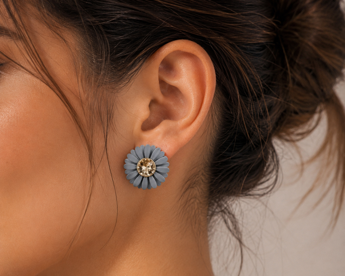 Grey Petal Crystal Center Stud Earrings