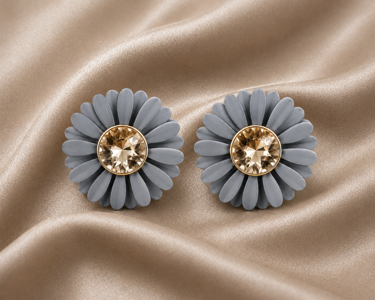Grey Petal Crystal Center Stud Earrings
