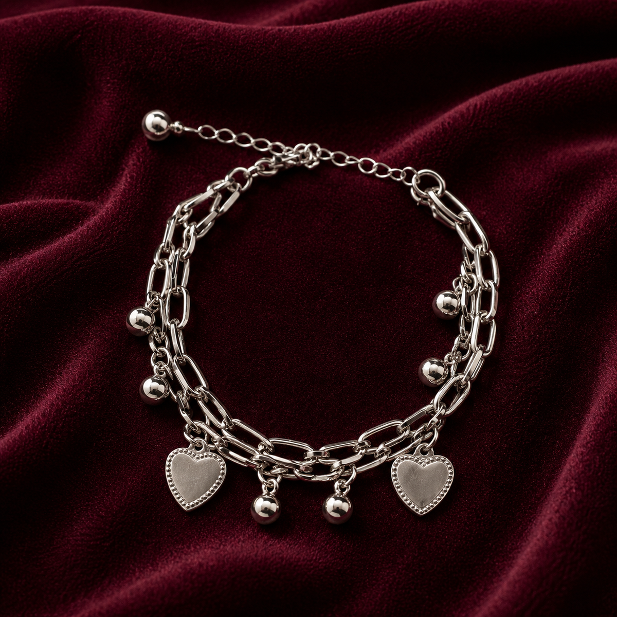 Layered Silver Link Chain Charm Bracelet with Hearts & Beads