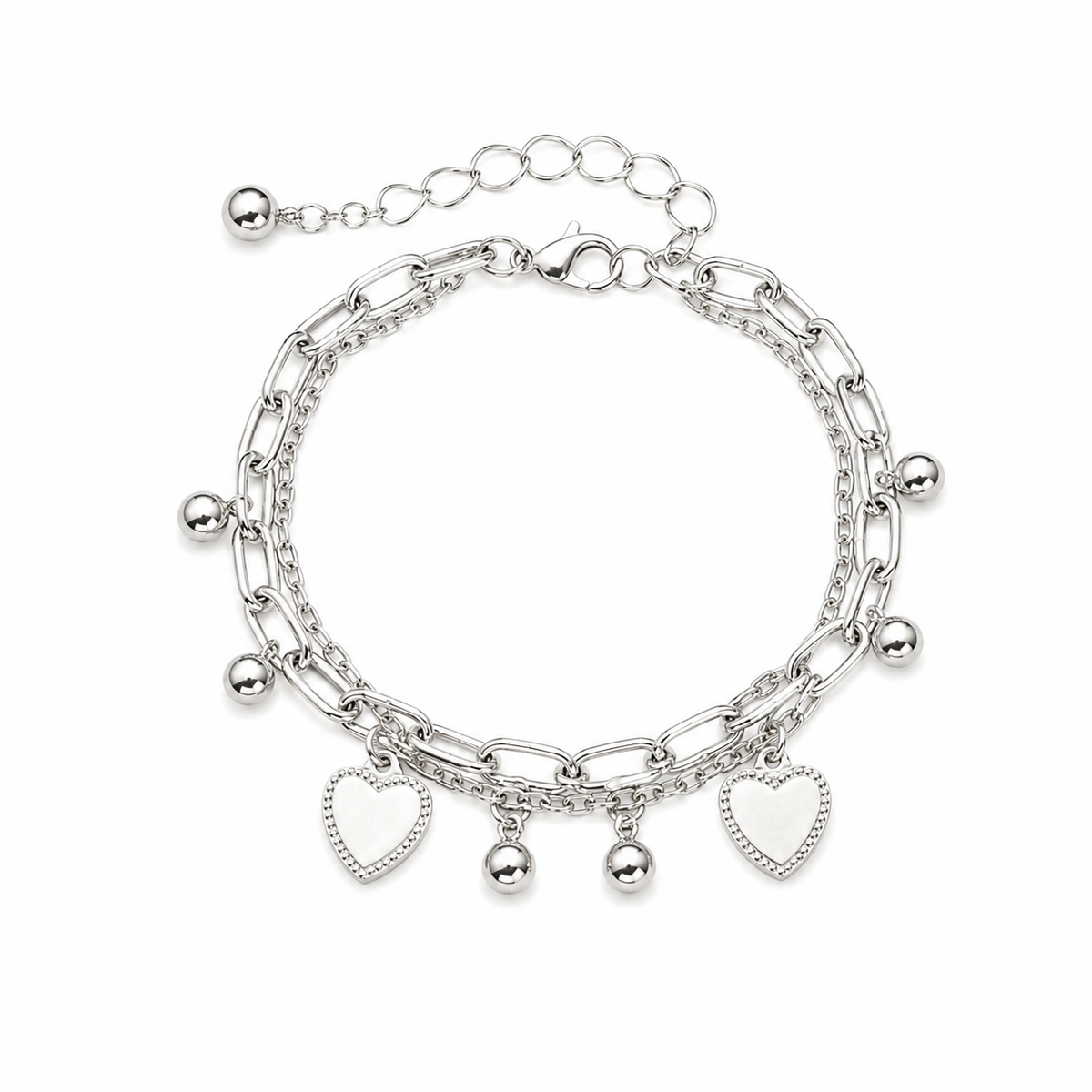 Layered Silver Link Chain Charm Bracelet with Hearts & Beads